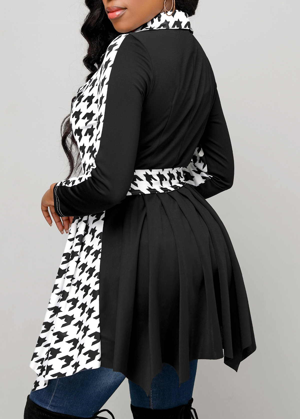 Houndstooth Print Button Belted Black Lapel Coat