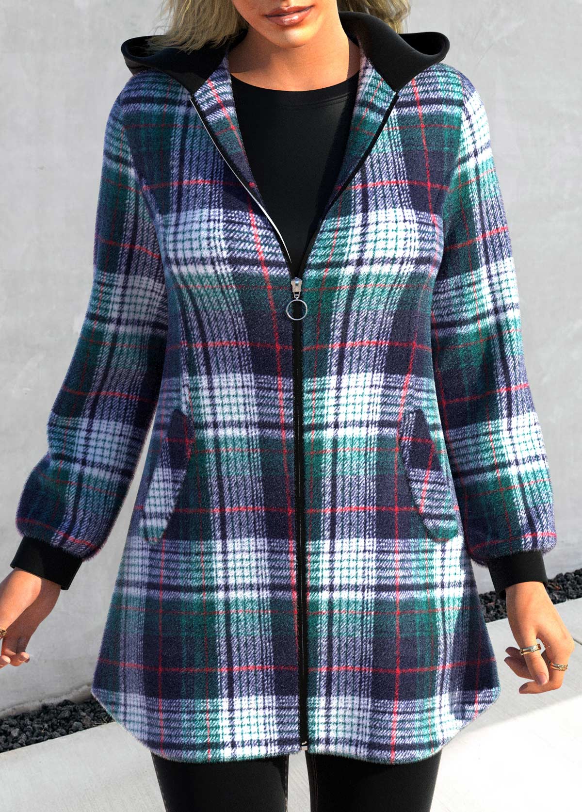 Blackish Green Tartan Zipper Long Sleeve Jacket