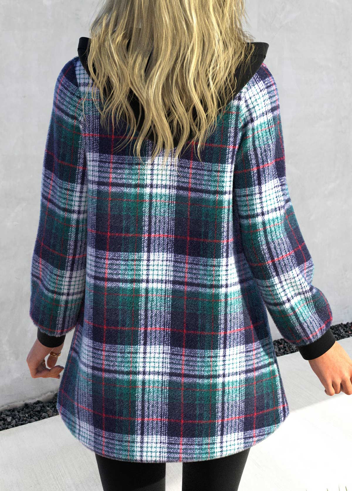 Blackish Green Tartan Zipper Long Sleeve Jacket