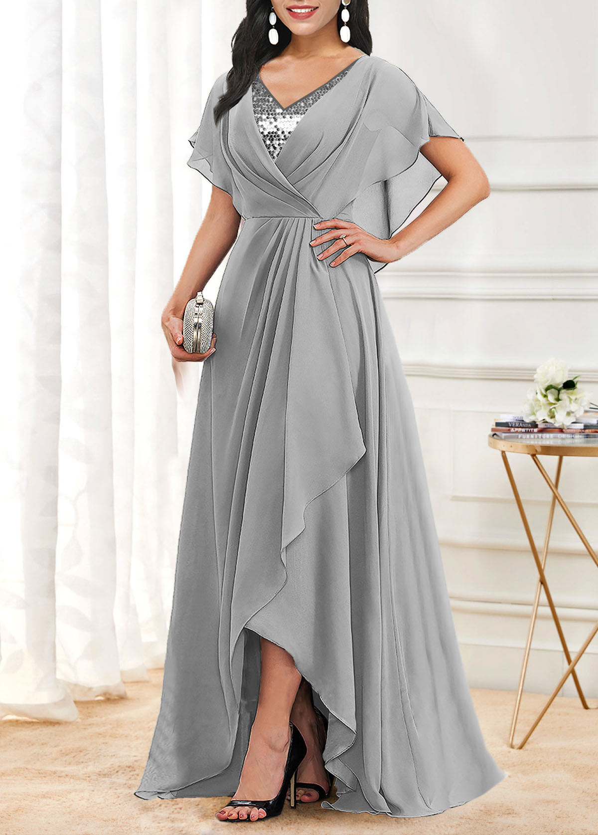 Grey Sequin X Shape V Neck Maxi Dress