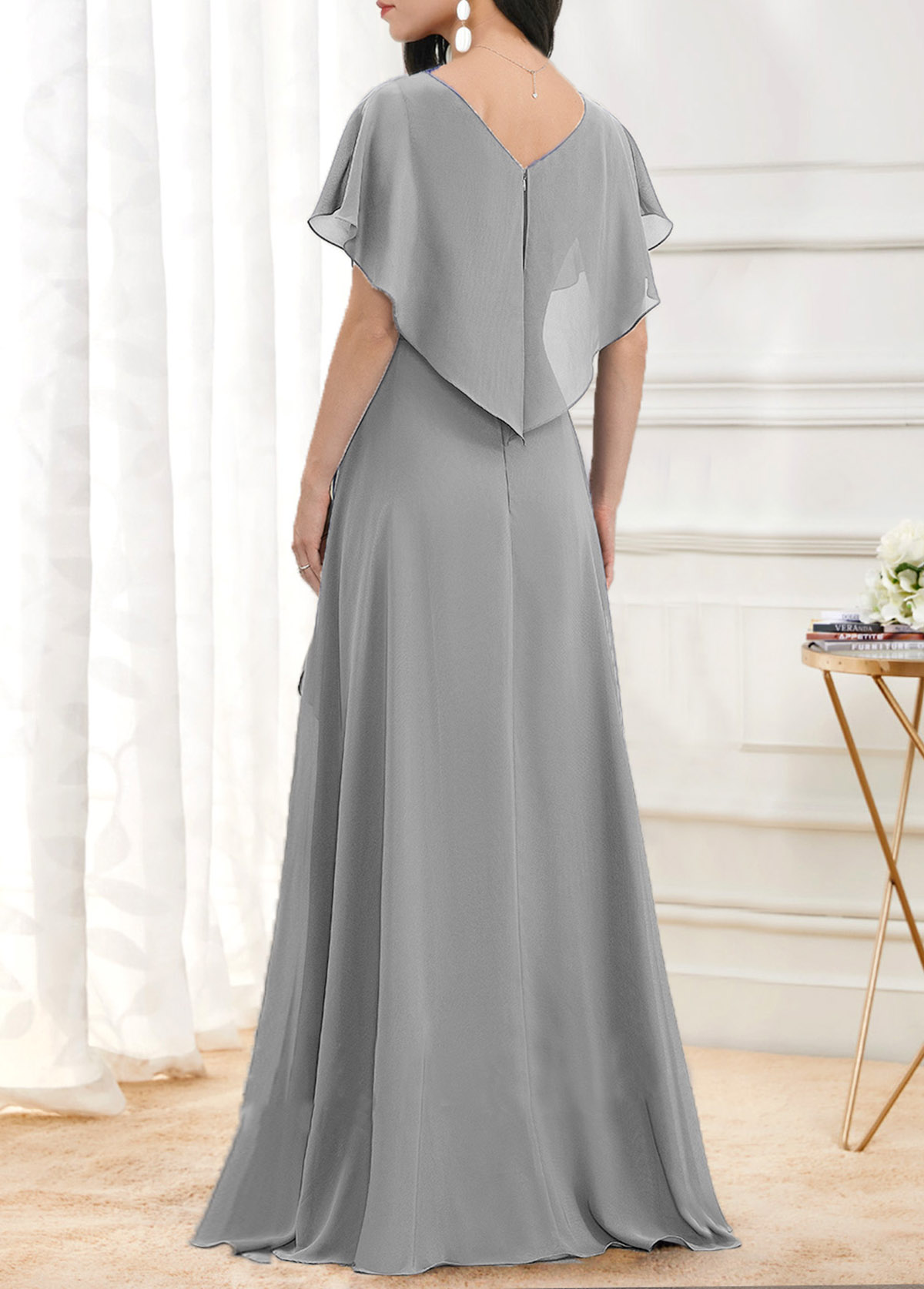 Grey Sequin X Shape V Neck Maxi Dress