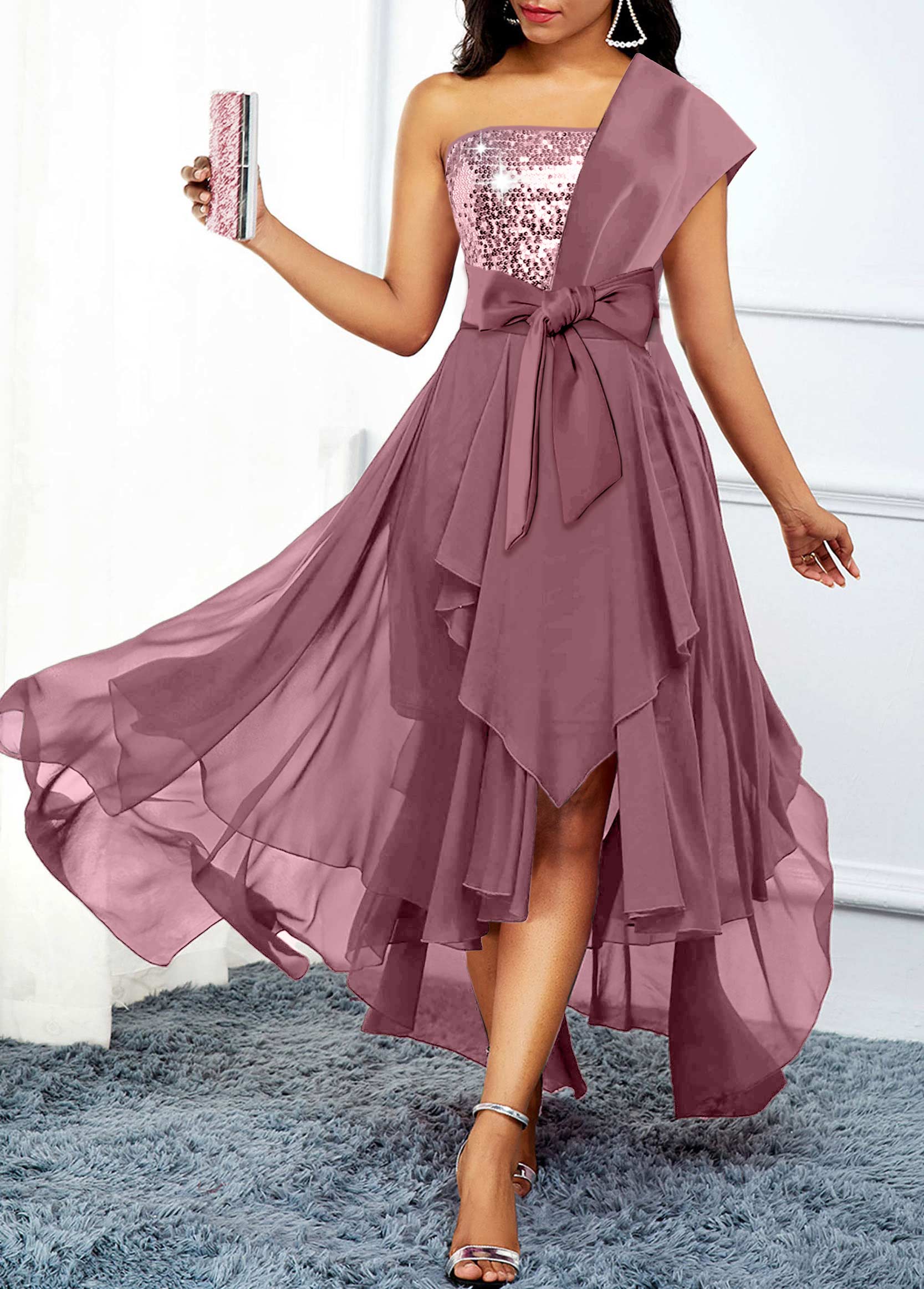 Asymmetric Hem Belted Dusty Pink High Low Dress