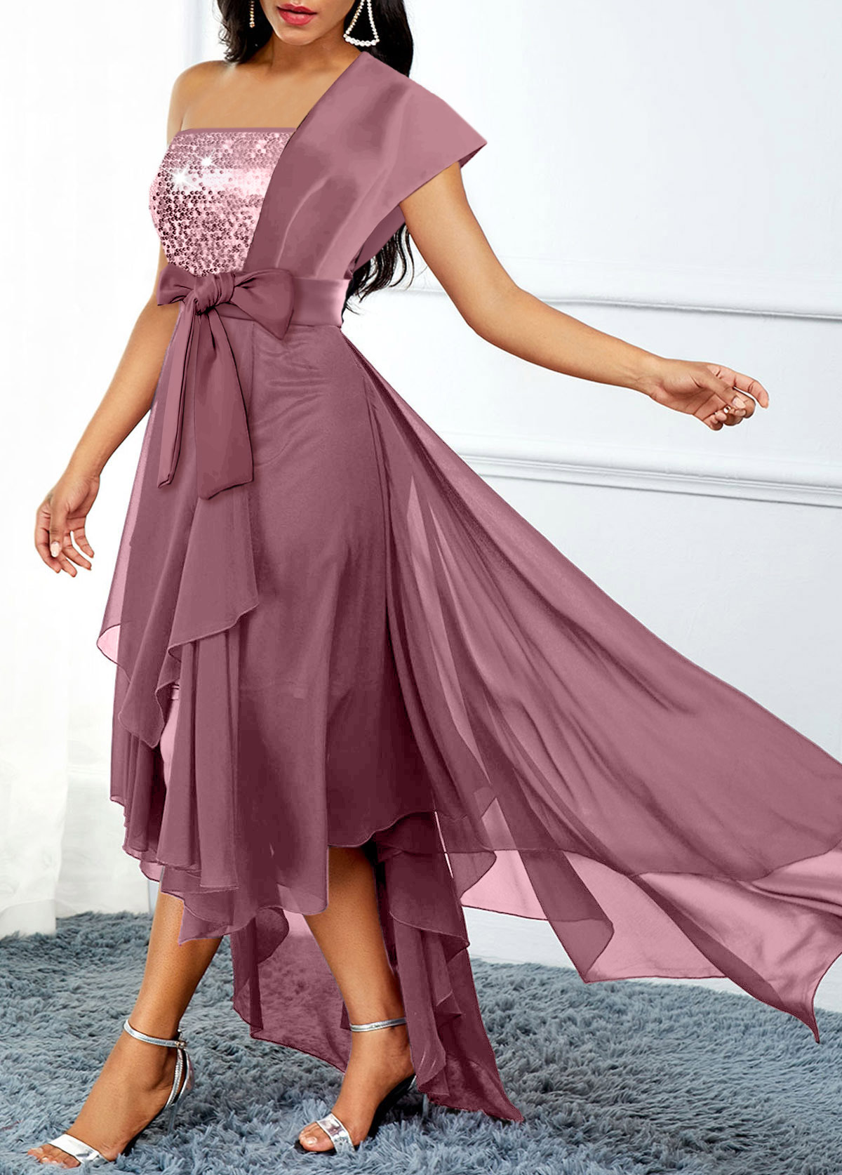 Asymmetric Hem Belted Dusty Pink High Low Dress