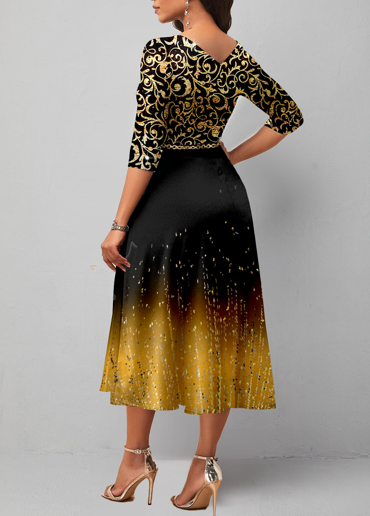 Golden Ombre Hot Stamping 3/4 Sleeve Dress