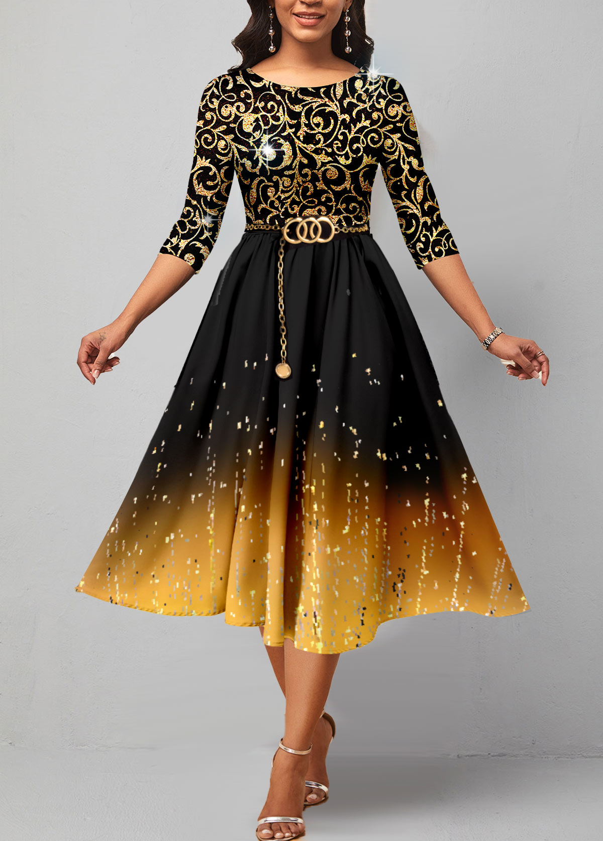Golden Ombre Hot Stamping 3/4 Sleeve Dress