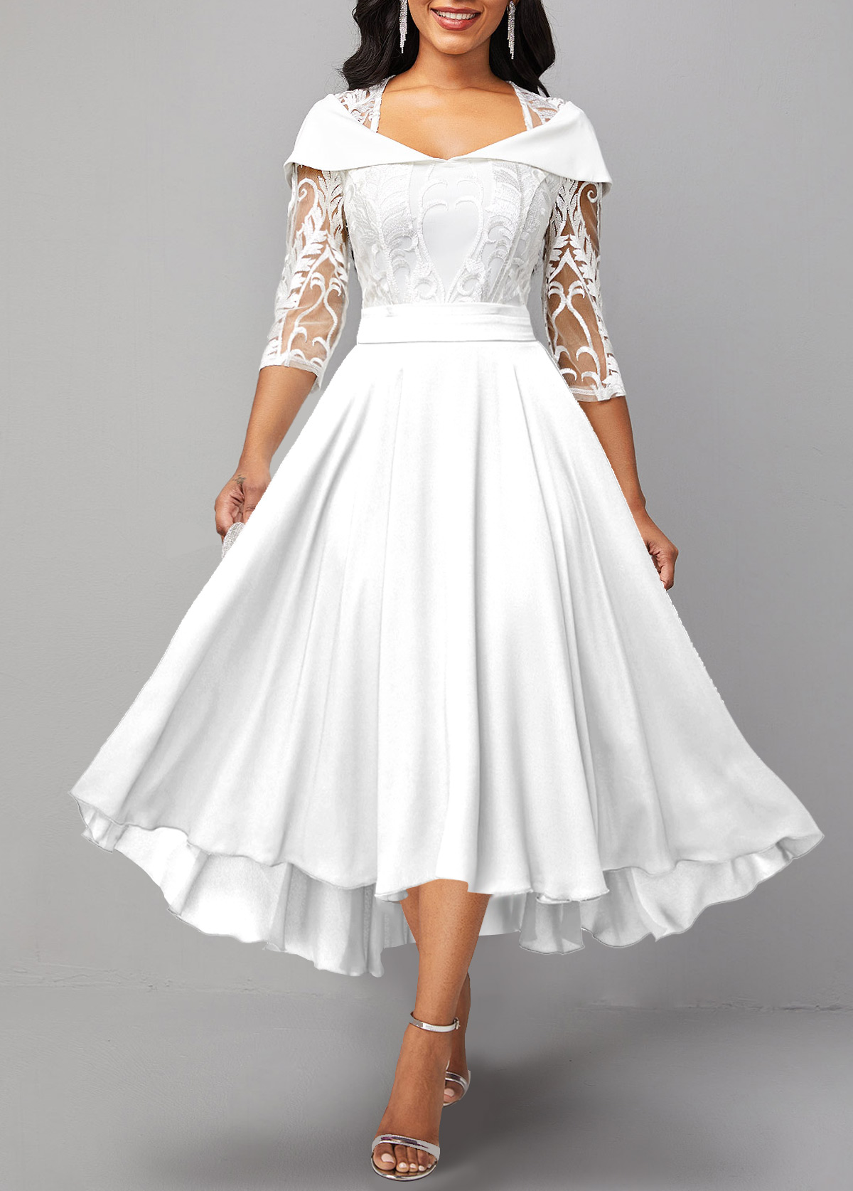 Lace Patchwork X Shape White Midi Dress