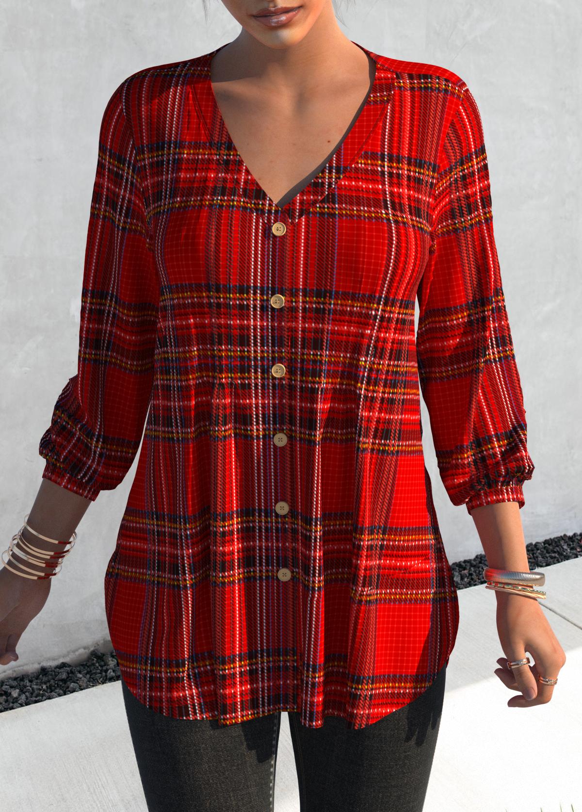 Tartan Print Tuck Stitch Red V Neck Blouse | Rosewe.com - USD $31.98