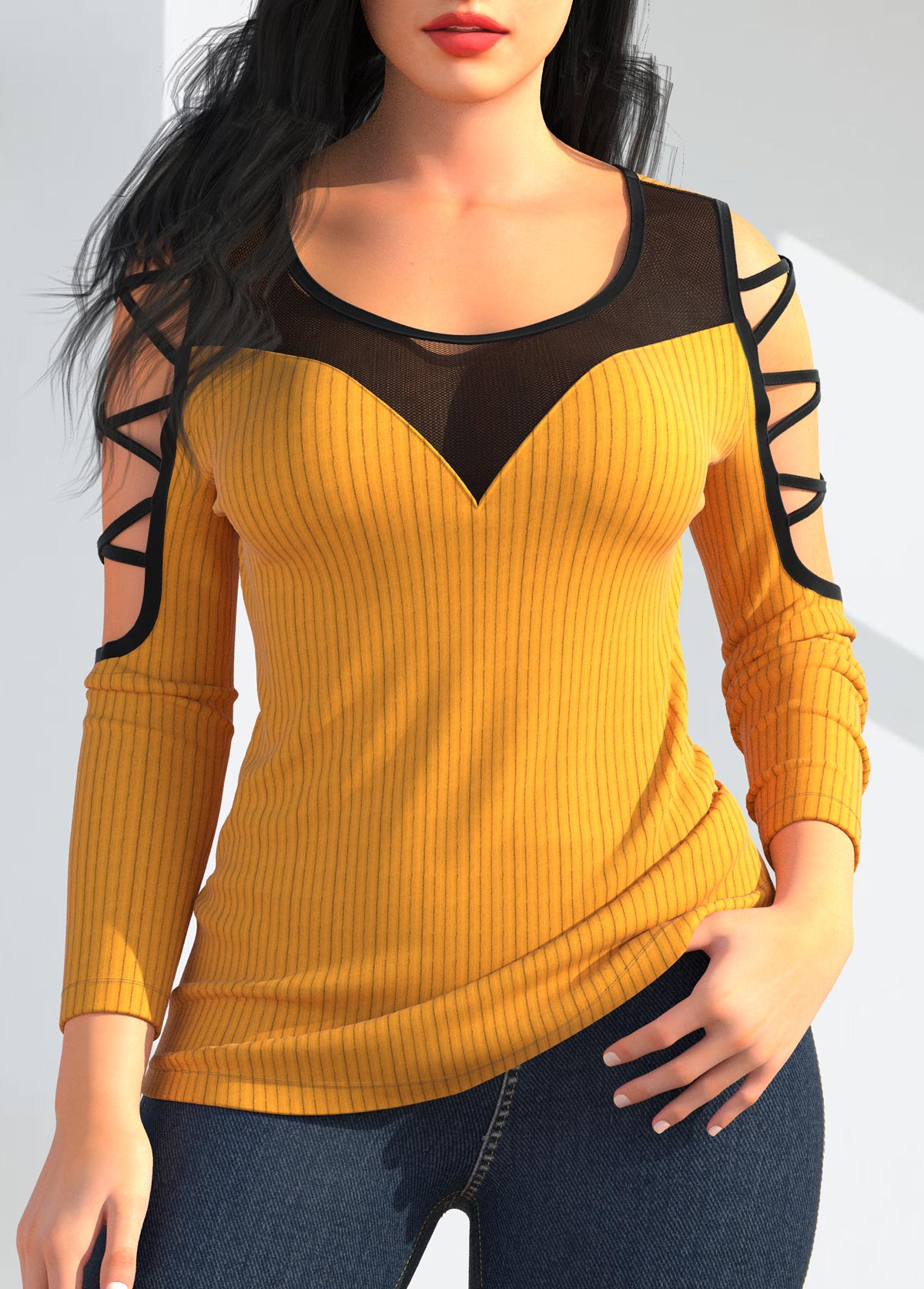 Lace Up Yellow Round Neck T Shirt