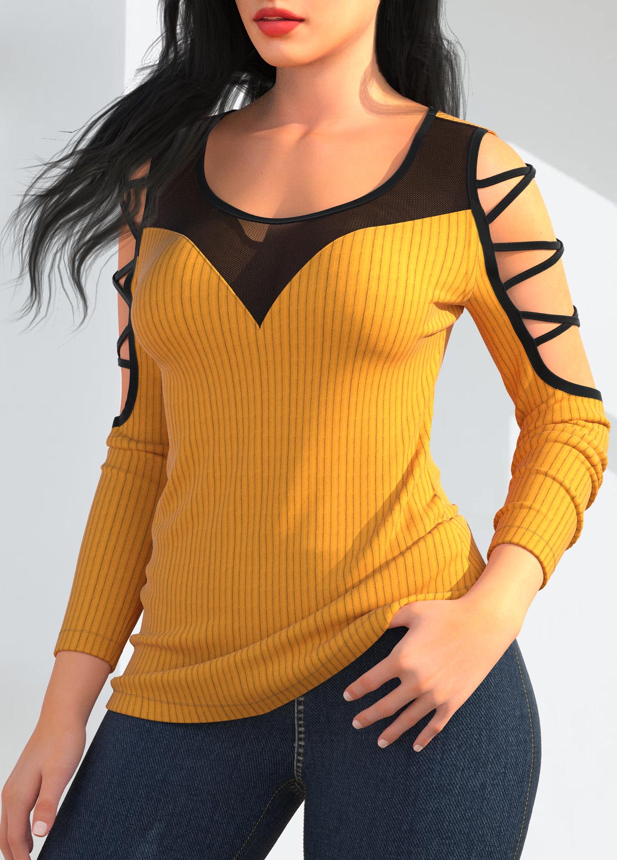 Lace Up Yellow Round Neck T Shirt