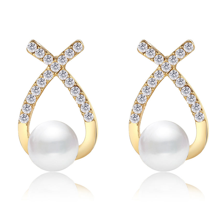 Pearl Design Rhinestone Gold Cross Earrings
