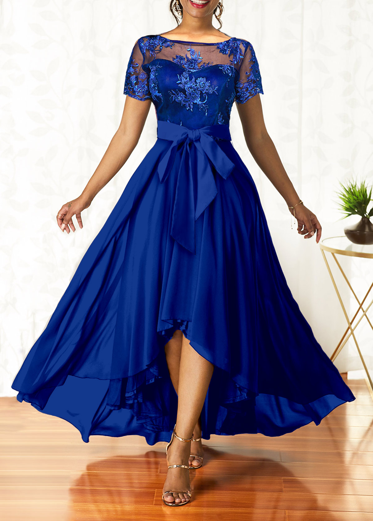 Belted Sapphire Blue Lace Patchwork Maxi Dress | Rosewe.com - USD $39.98
