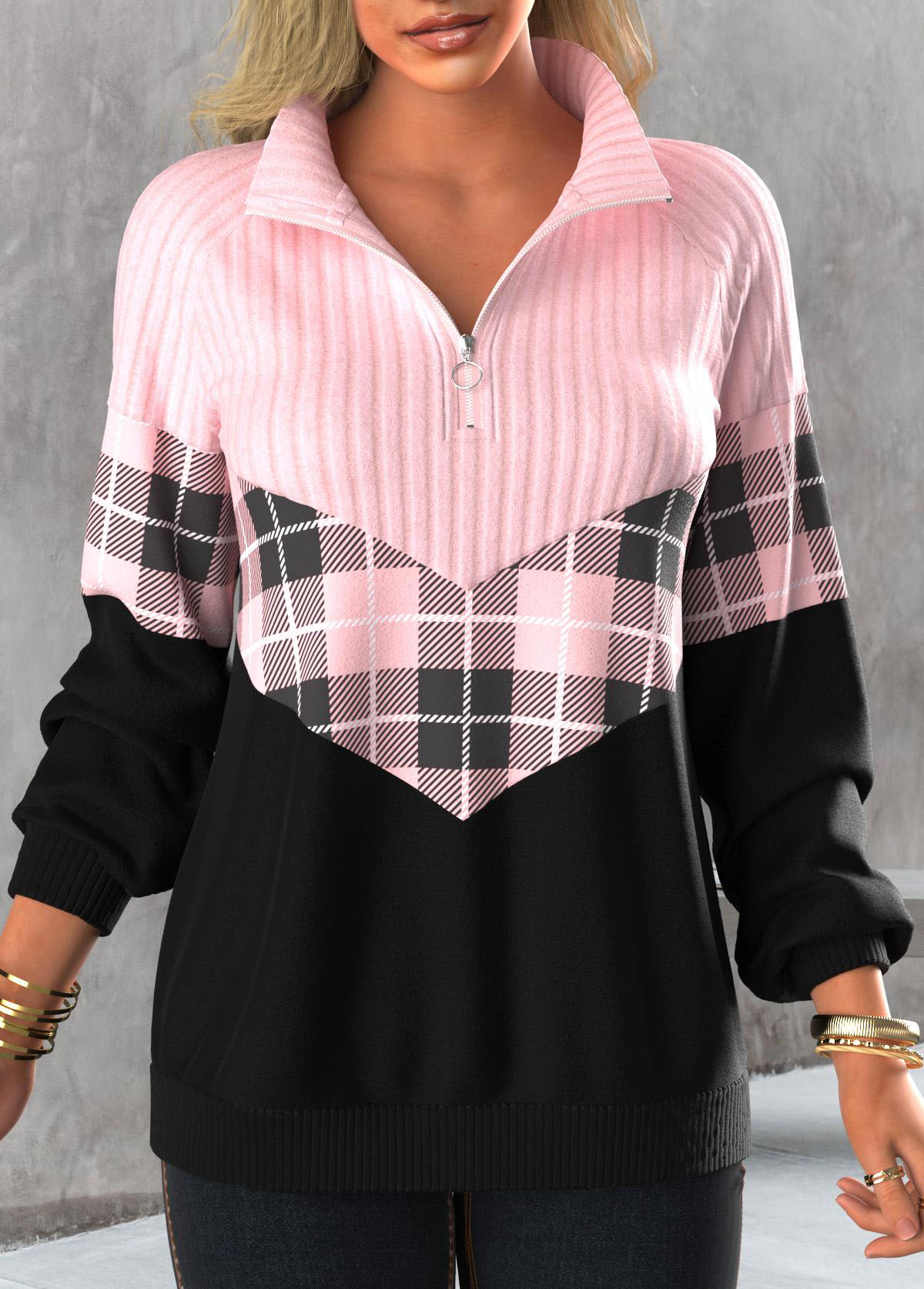 Tartan Print Zipper Light Pink Stand Collar Sweatshirt