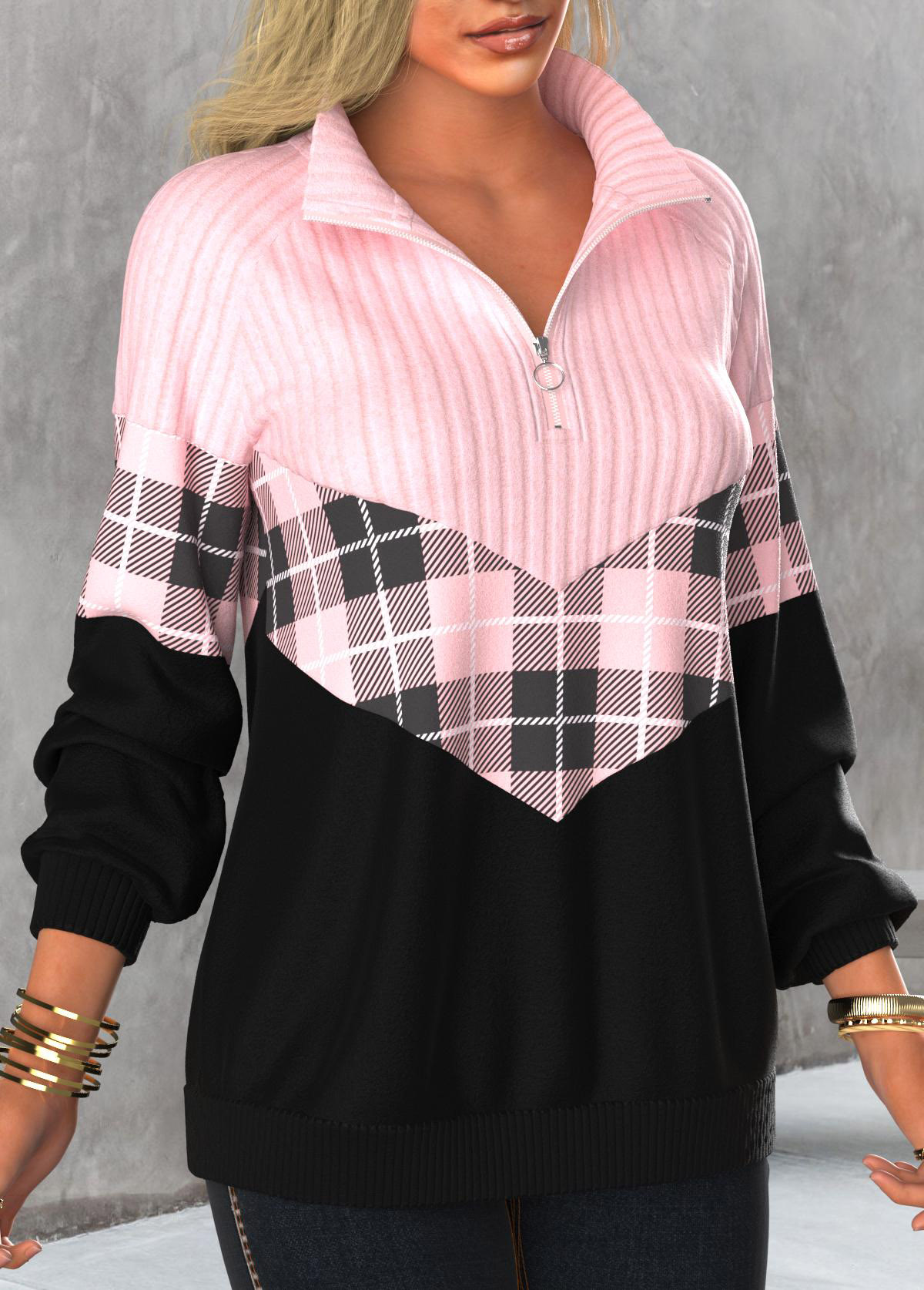 Tartan Print Zipper Light Pink Stand Collar Sweatshirt
