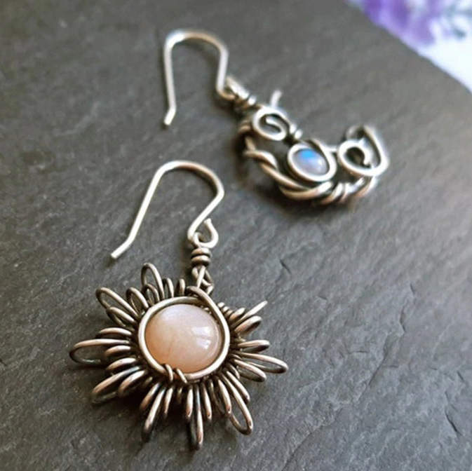 Copper Golden Sun and Moon Design Earrings