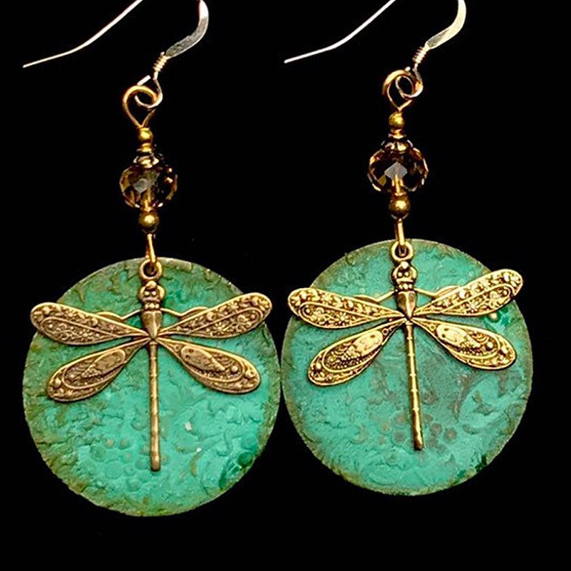 Turquoise Dragonfly Design Round Bronze Earrings