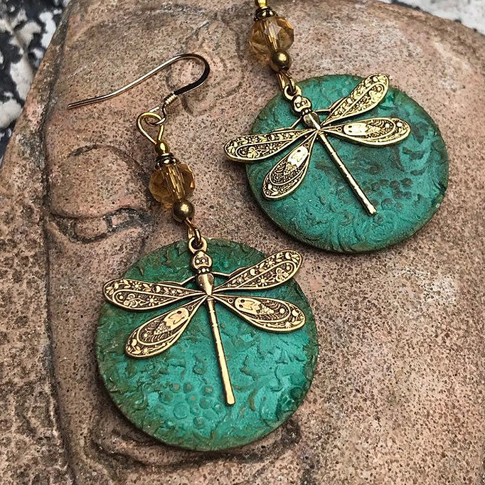 Turquoise Dragonfly Design Round Bronze Earrings