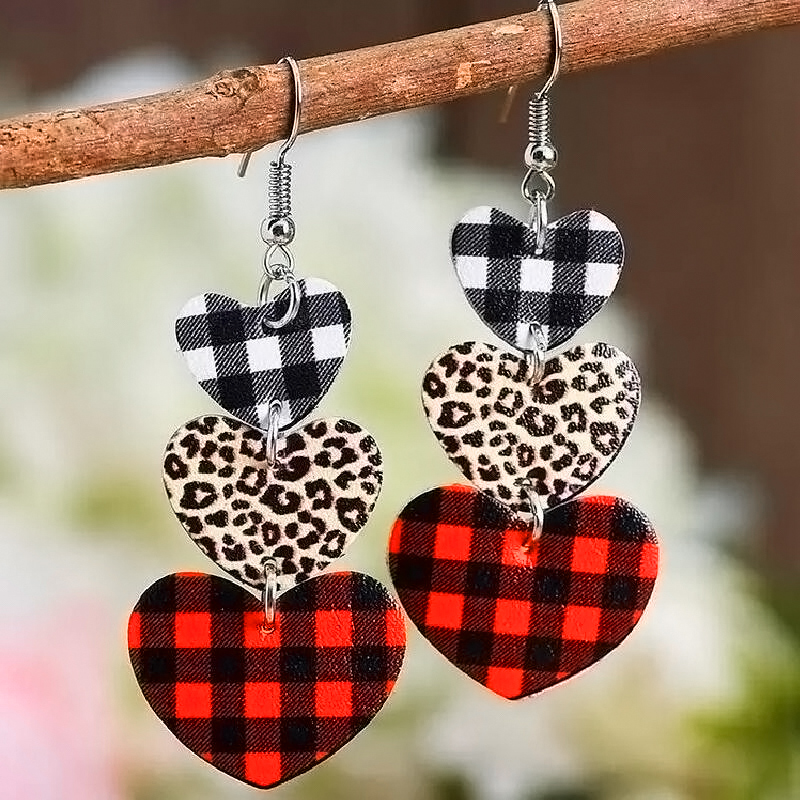 Multi Color Plaid Leopard Heart Earrings