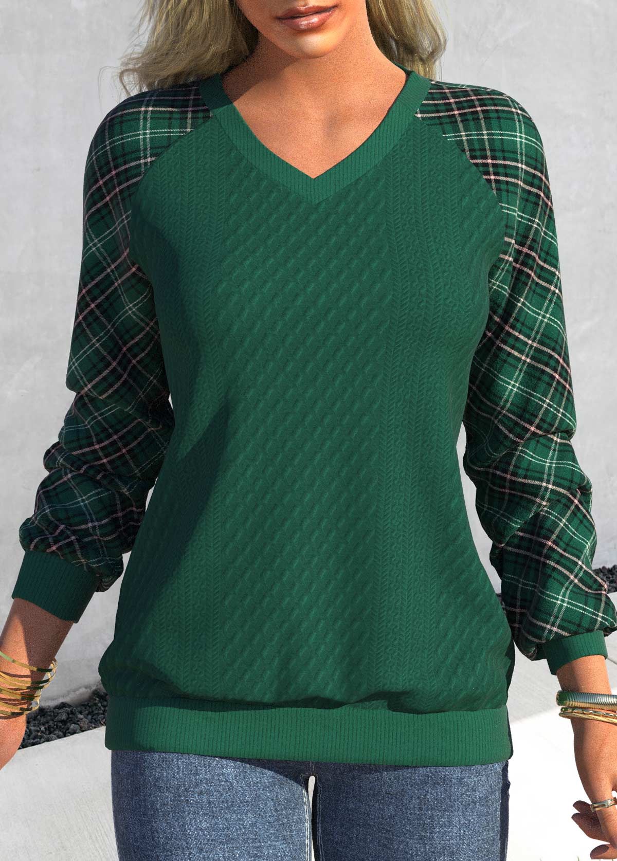Blackish Green V Neck Tartan Print Sweatshirt