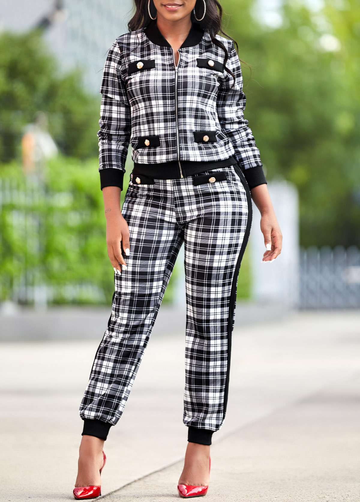 Plaid White Long Sleeve Zipper Sweatsuit Set