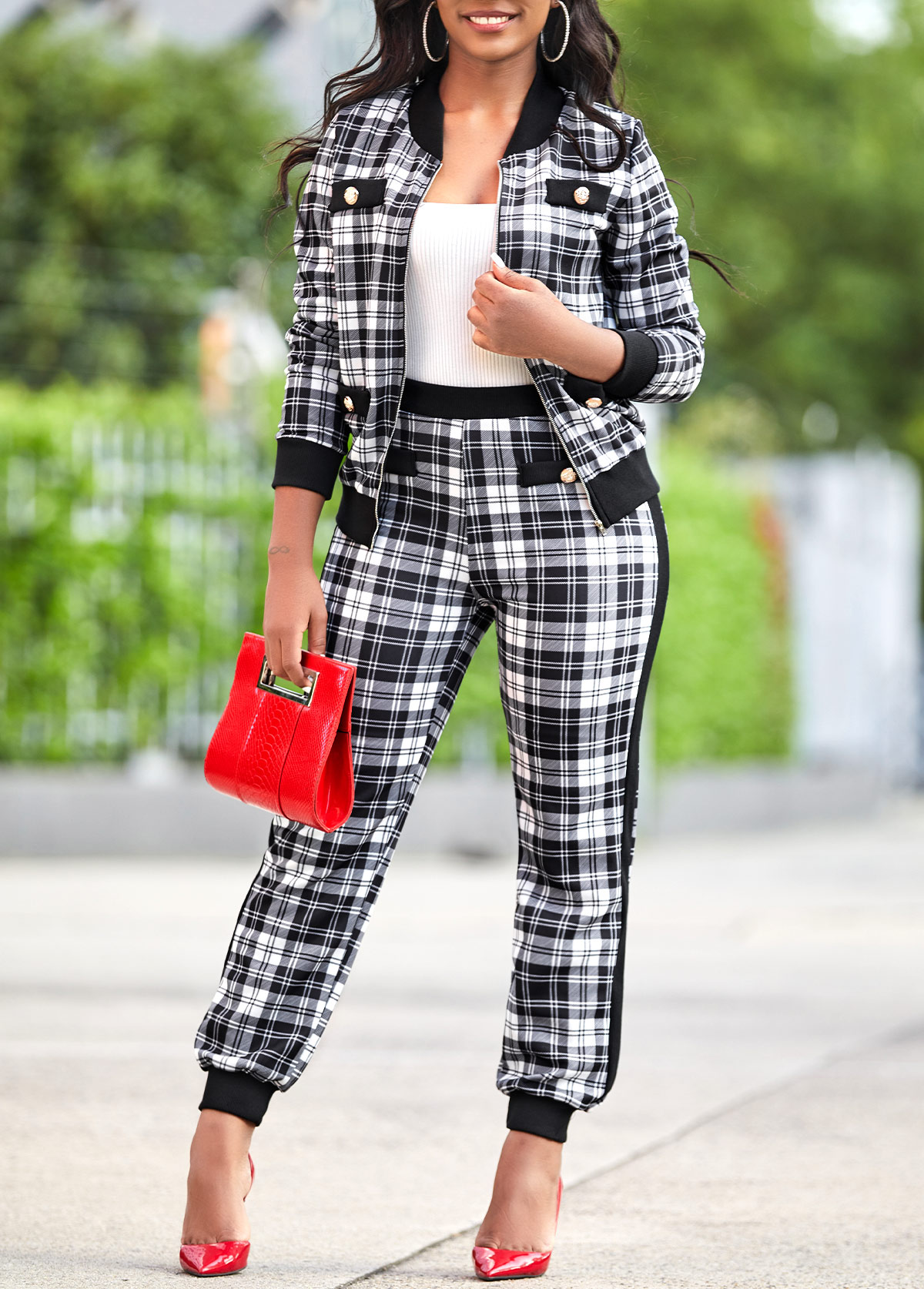 Plaid White Long Sleeve Zipper Sweatsuit Set