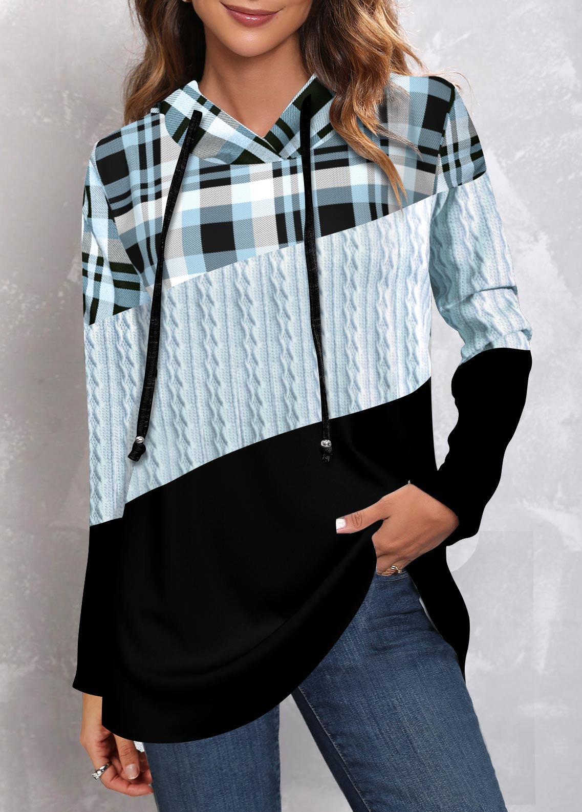 Plus Size Tartan Print Twisted Light Blue Hoodie