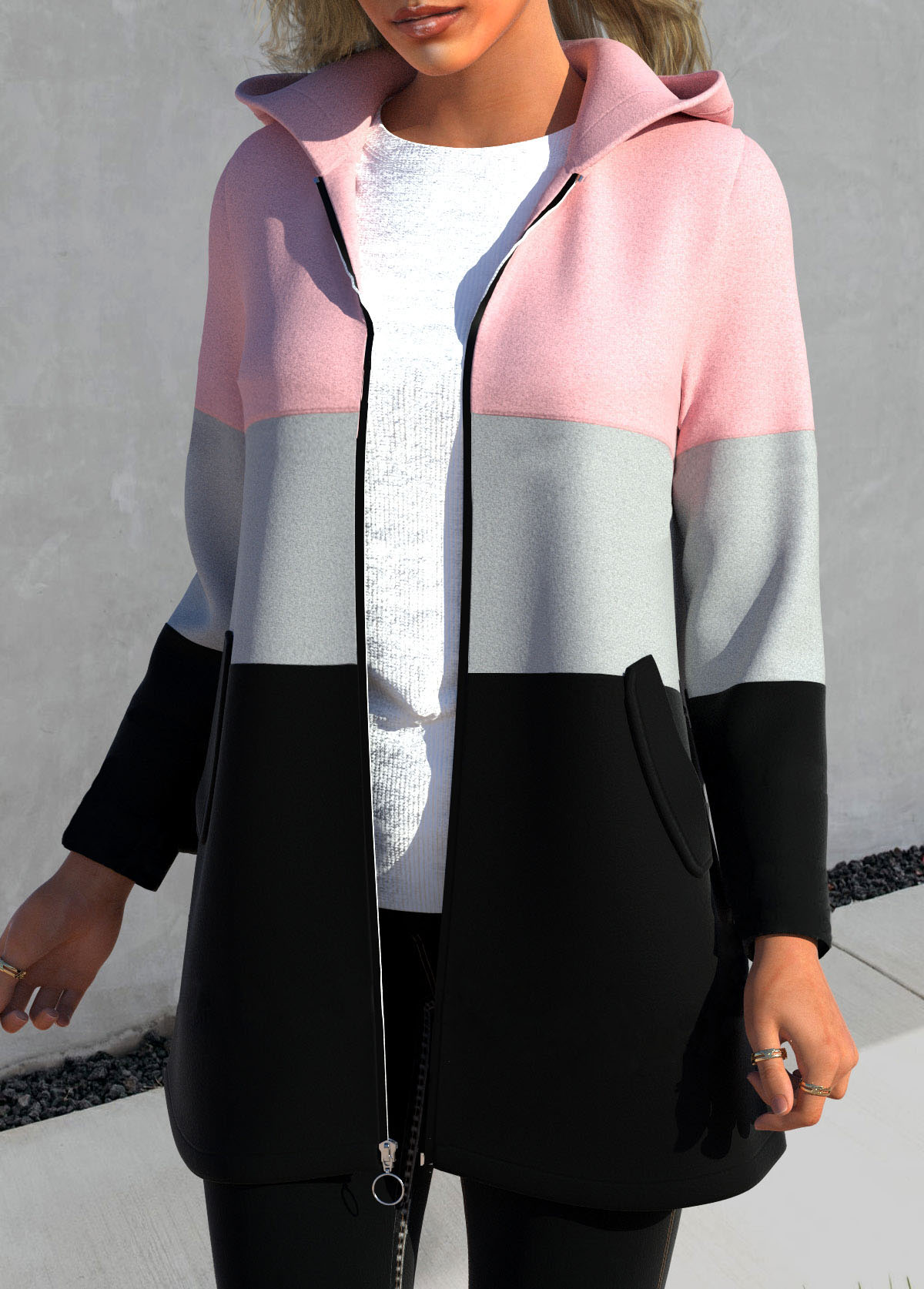 Contrast Color Zipper Pink Hooded Regular Sleeve Jacket