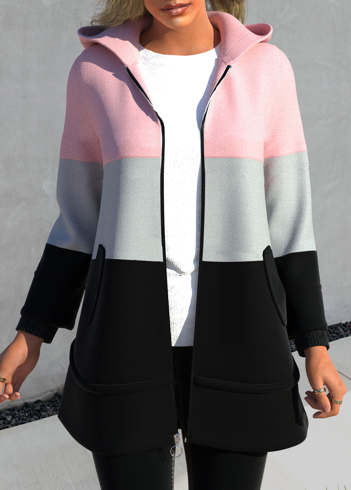 Contrast Color Zipper Pink Hooded Regular Sleeve Jacket