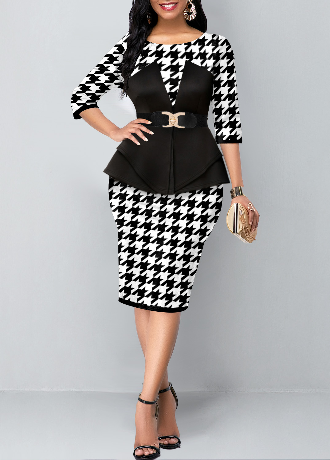 Faux Two Piece Houndstooth Print Black Dress