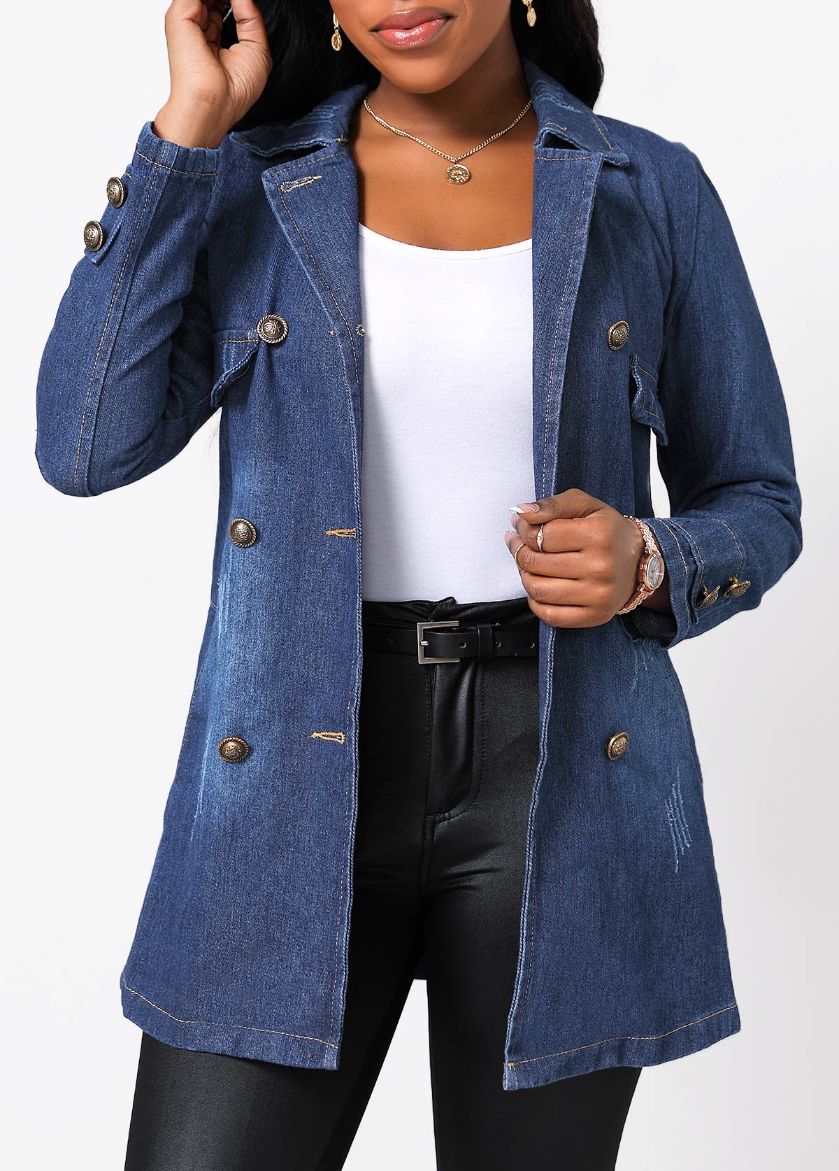 Button Denim Blue Lapel Long Sleeve Jacket