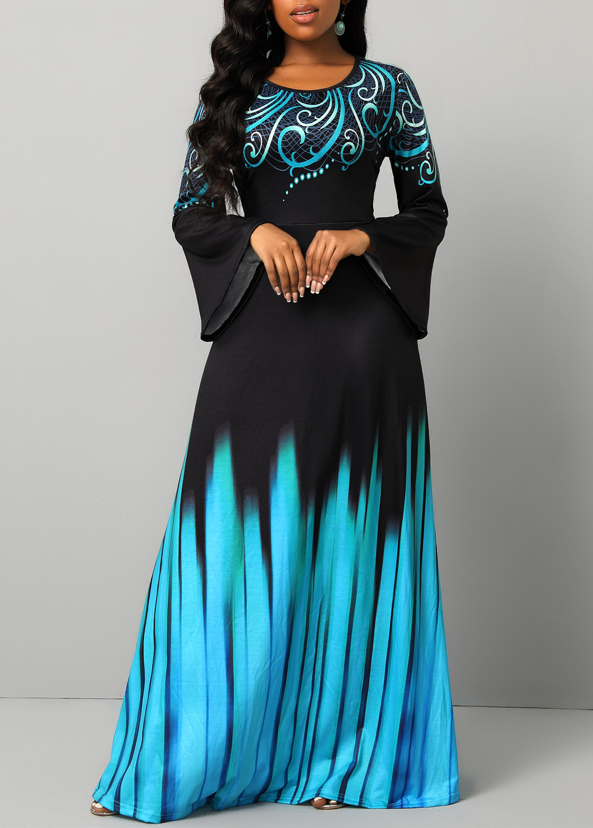 Tribal Print Breathable Blue Round Neck Maxi Dress