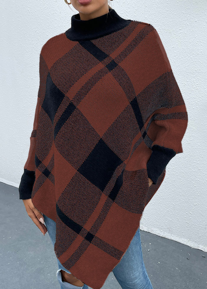 Dark Coffee Plaid Asymmetric Hem Sweater