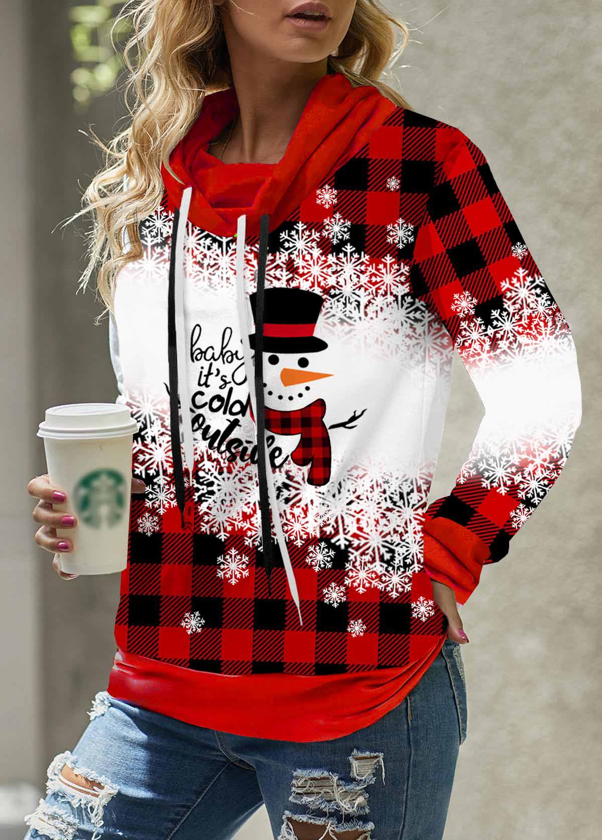 Red Plus Size Drawstring Christmas Print Sweatshirt