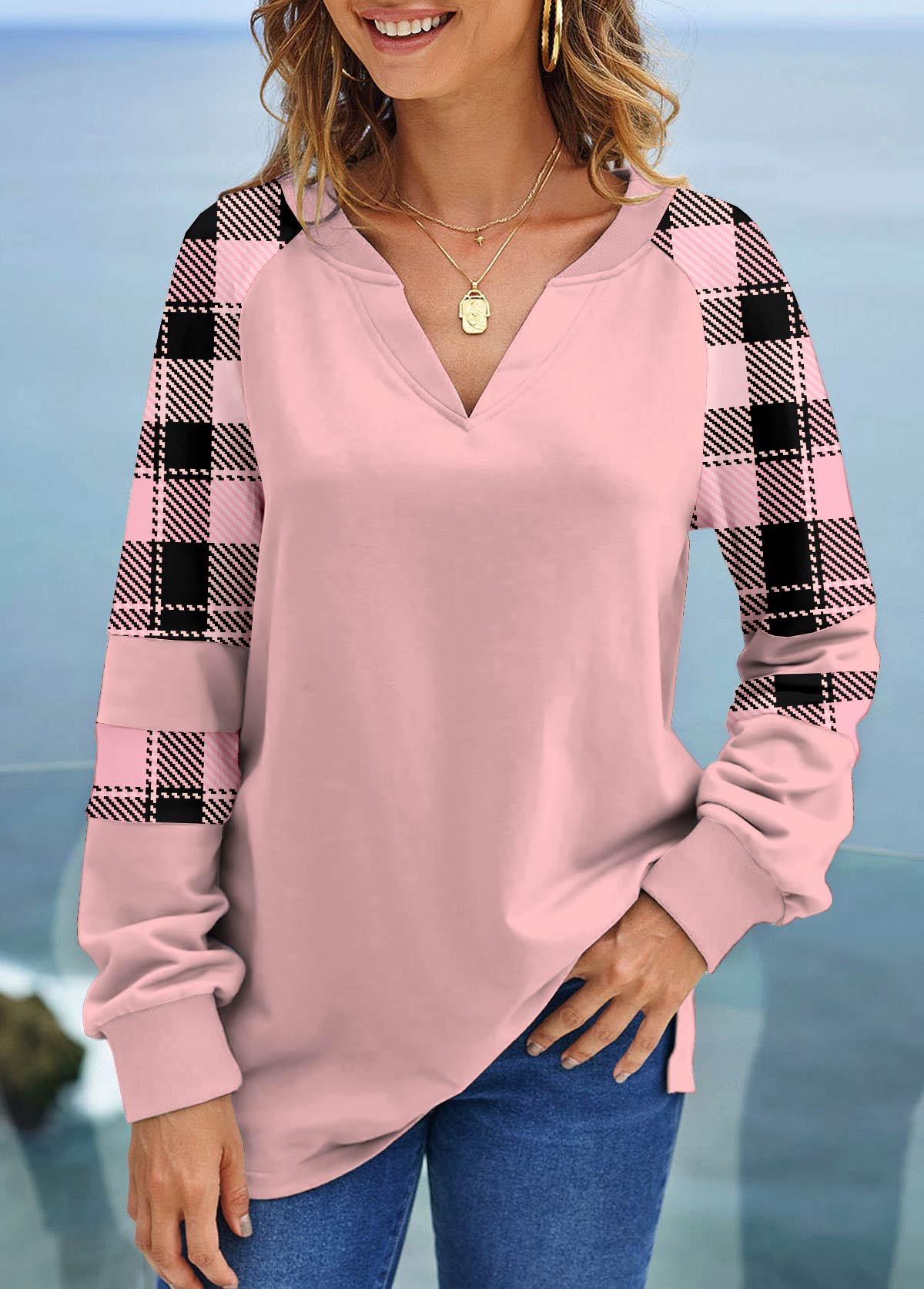 Light Pink Plus Size Split Plaid Sweatshirt