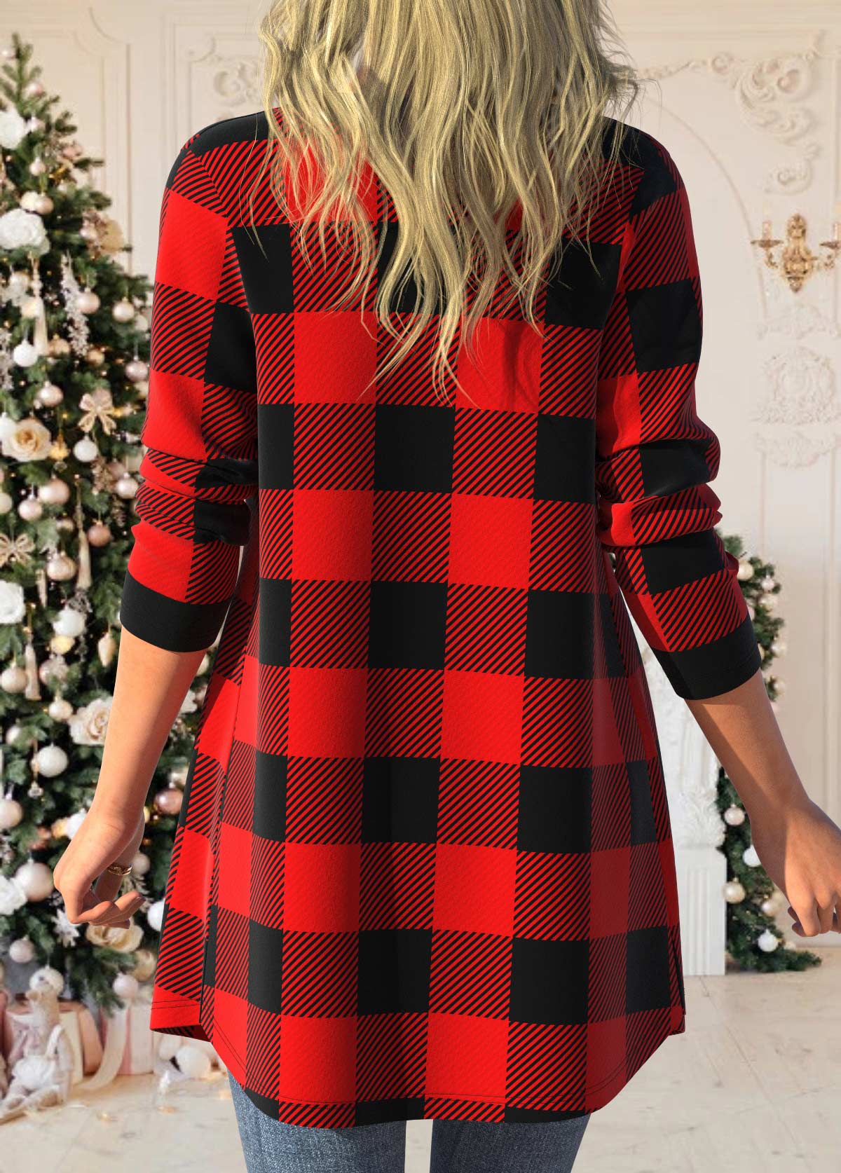 Tartan Print Long Sleeve Red Coat