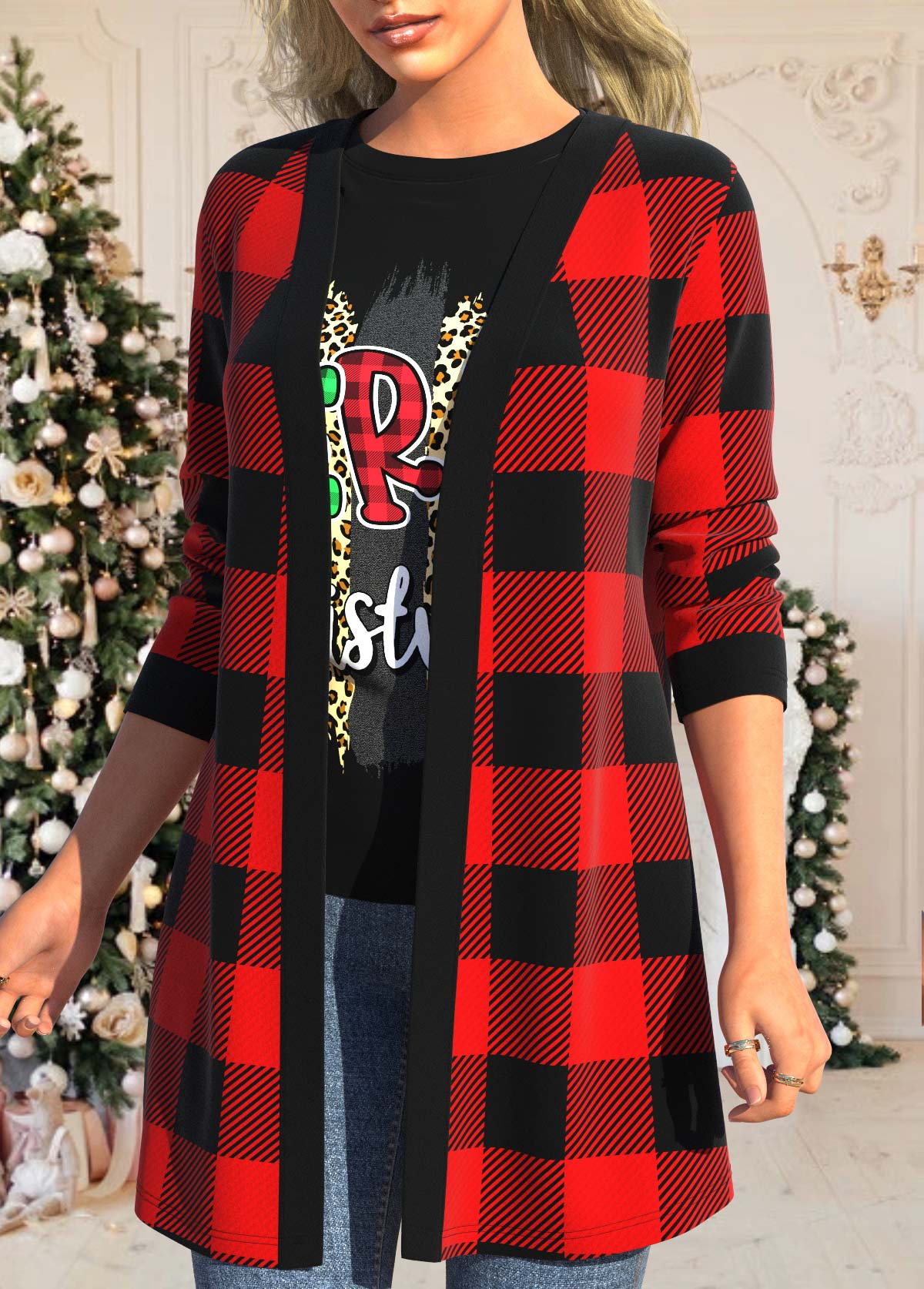 Tartan Print Long Sleeve Red Coat