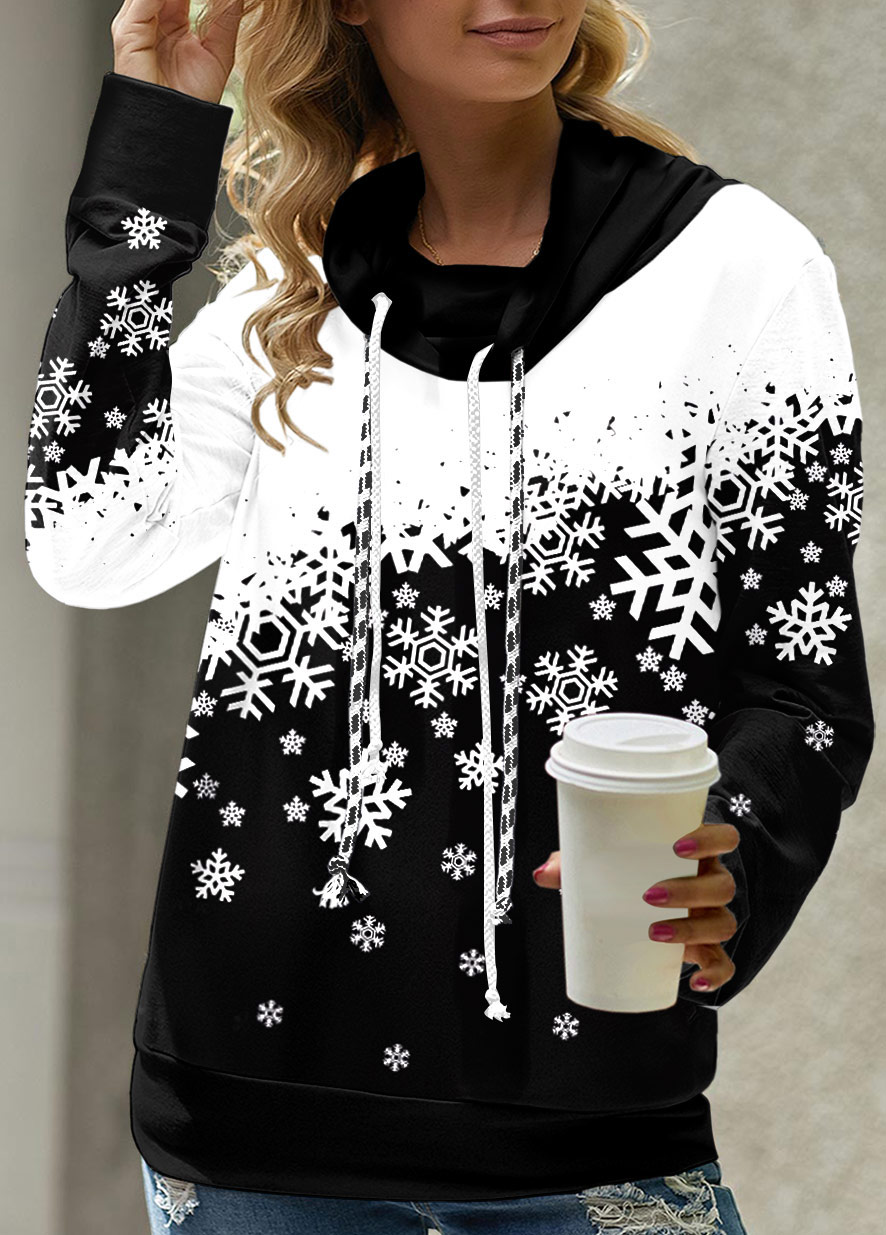 Snowflake Print Black Cowl Neck Regular Sleeve Sweatshirt