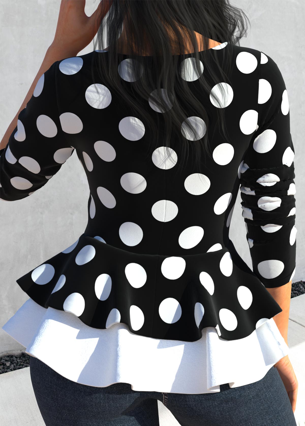 Polka Dot Zipper Black Round Neck Blouse