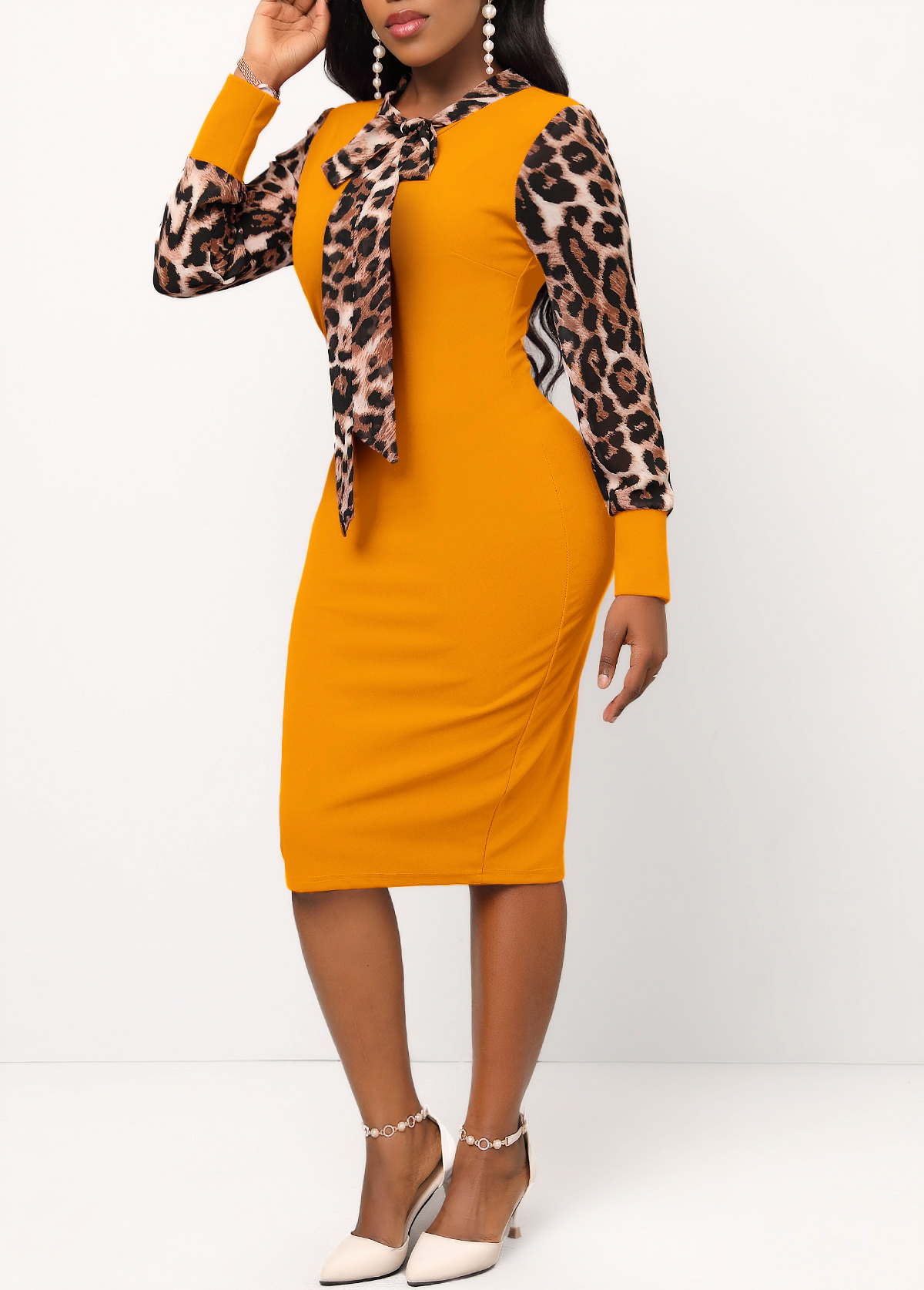 Ginger Bowknot Long Sleeve Leopard Bodycon Dress