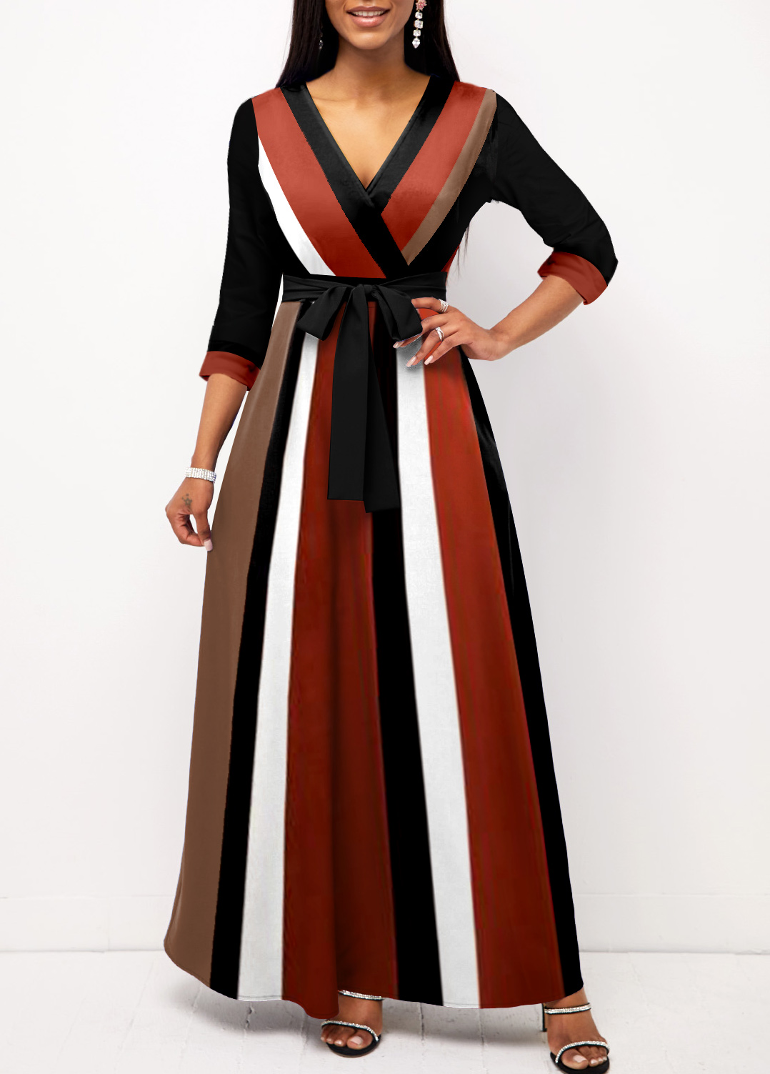 Striped Surplice Belted Dark Coffee Dress