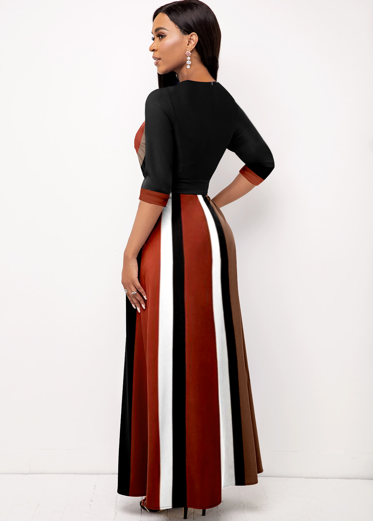 Striped Surplice Belted Dark Coffee Dress