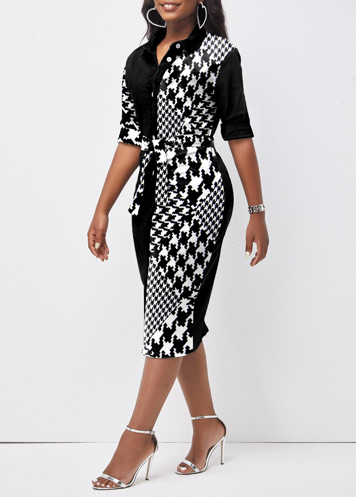 Houndstooth Print Button Belted Black Bodycon Dress