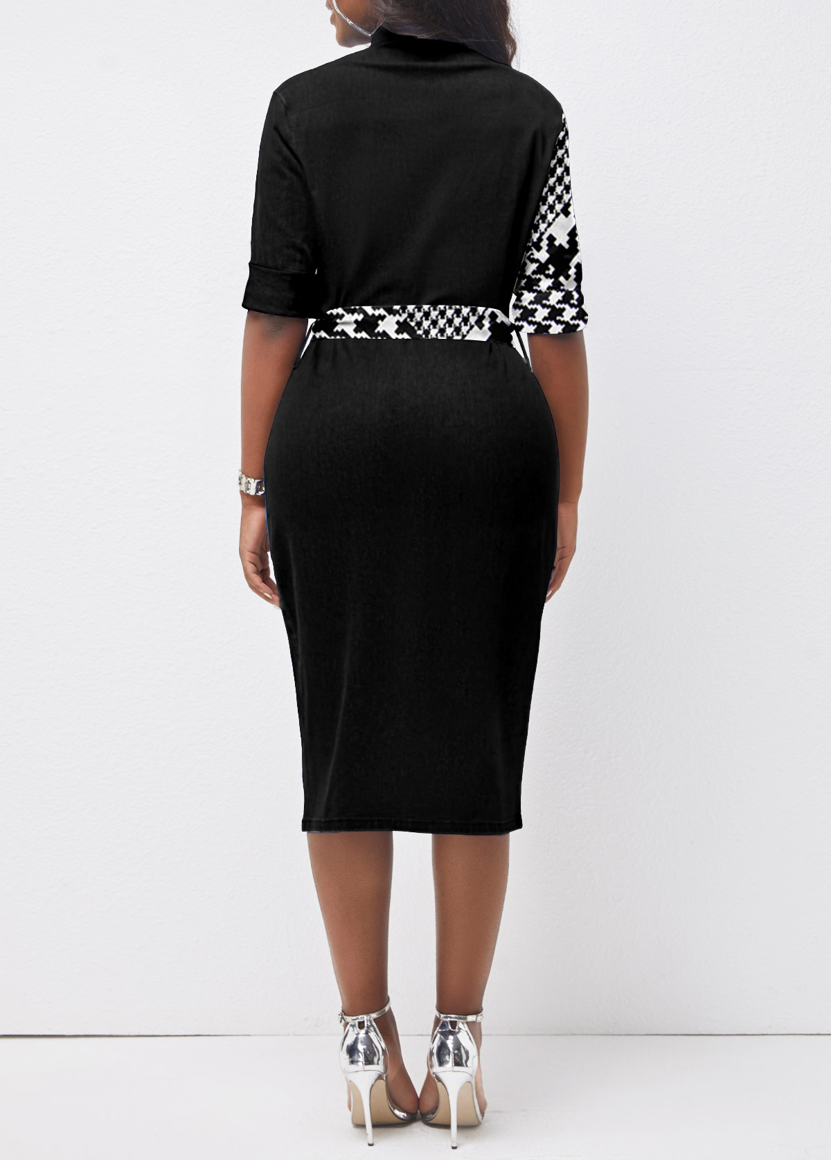 Houndstooth Print Button Belted Black Bodycon Dress