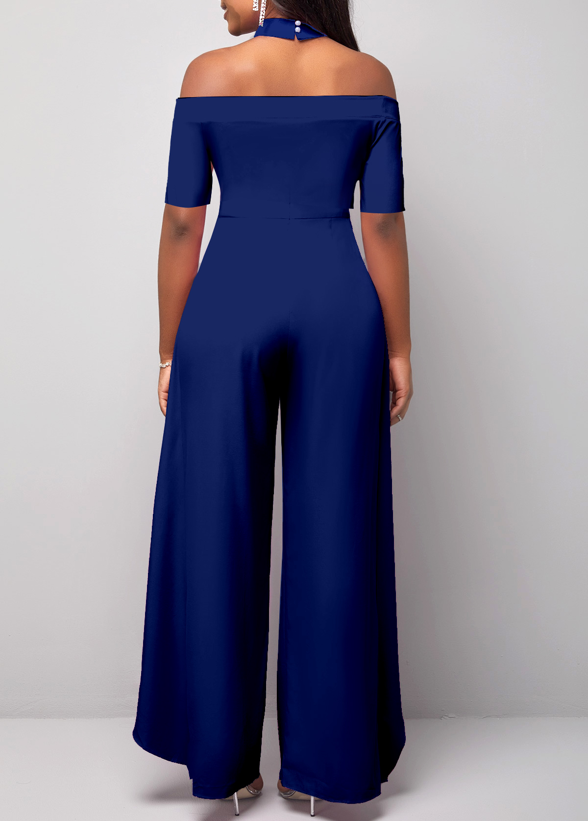 Navy Halter Cold Shoulder Short Sleeve Jumpsuit USD 34.98