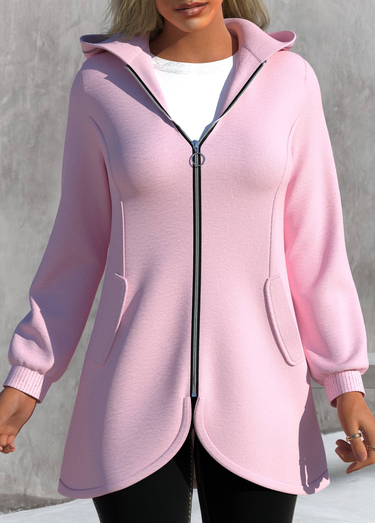 Long Sleeve Asymmetric Hem Pink Zipper Jacket