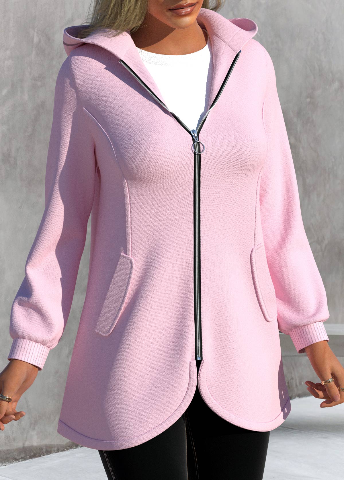 Long Sleeve Asymmetric Hem Pink Zipper Jacket