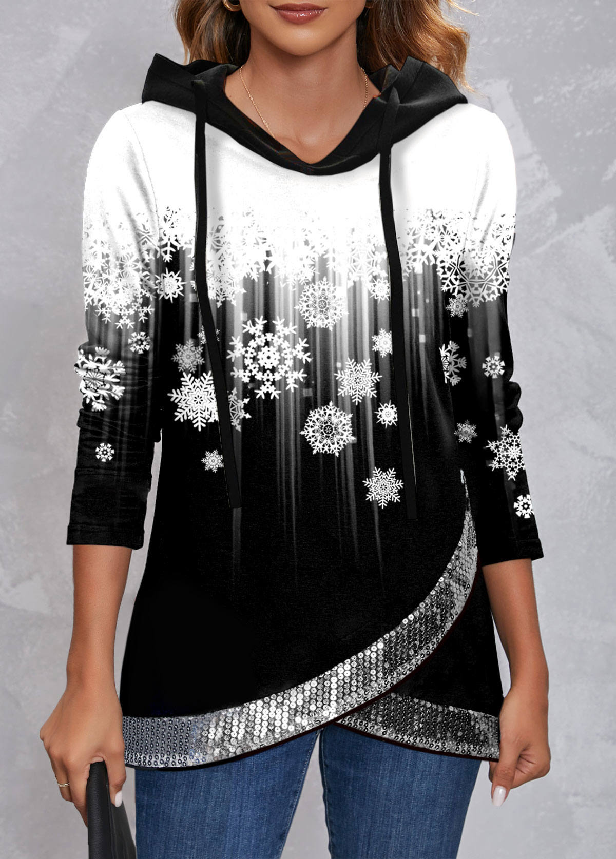 Christmas Snowflake Print Cross Hem Black Sequin Hoodie