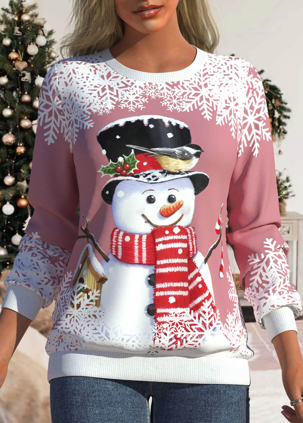 Christmas Snowflake Print Pink Long Sleeve Sweatshirt