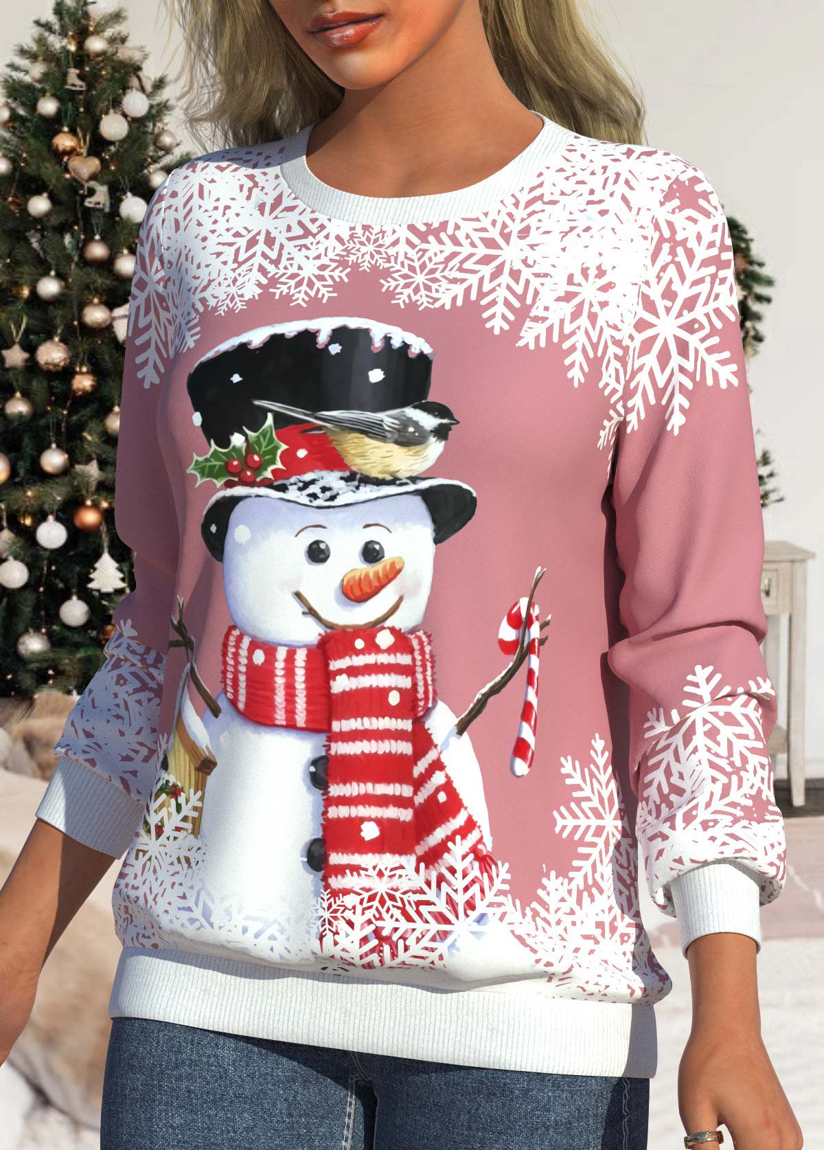 Christmas Snowflake Print Pink Long Sleeve Sweatshirt