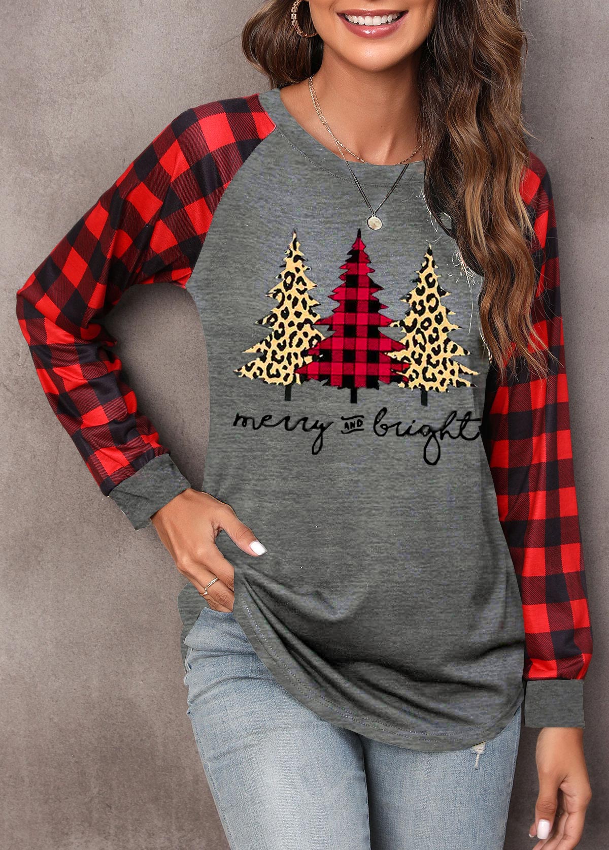 Christmas Tree Print Long Sleeve Red Sweatshirt