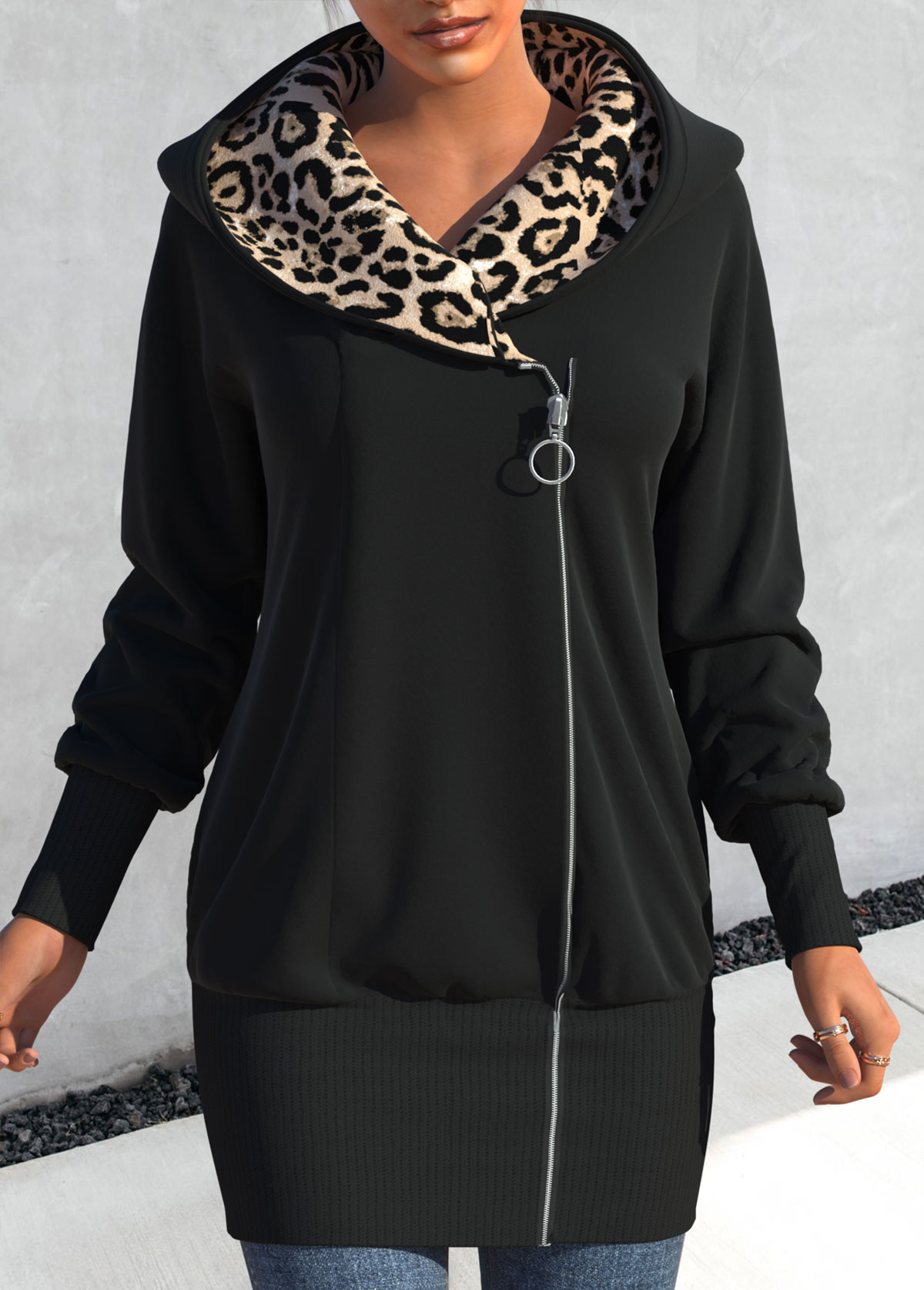 Leopard Zipper Black Hooded Long Sleeve Coat